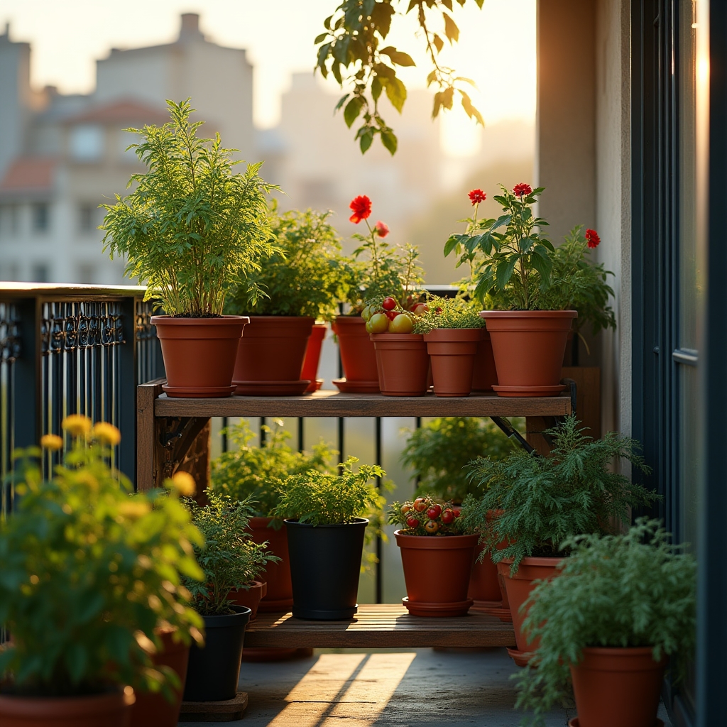 Urban balcony with organized container growing system featuring tomatoes peppers and herbs in colorful pots