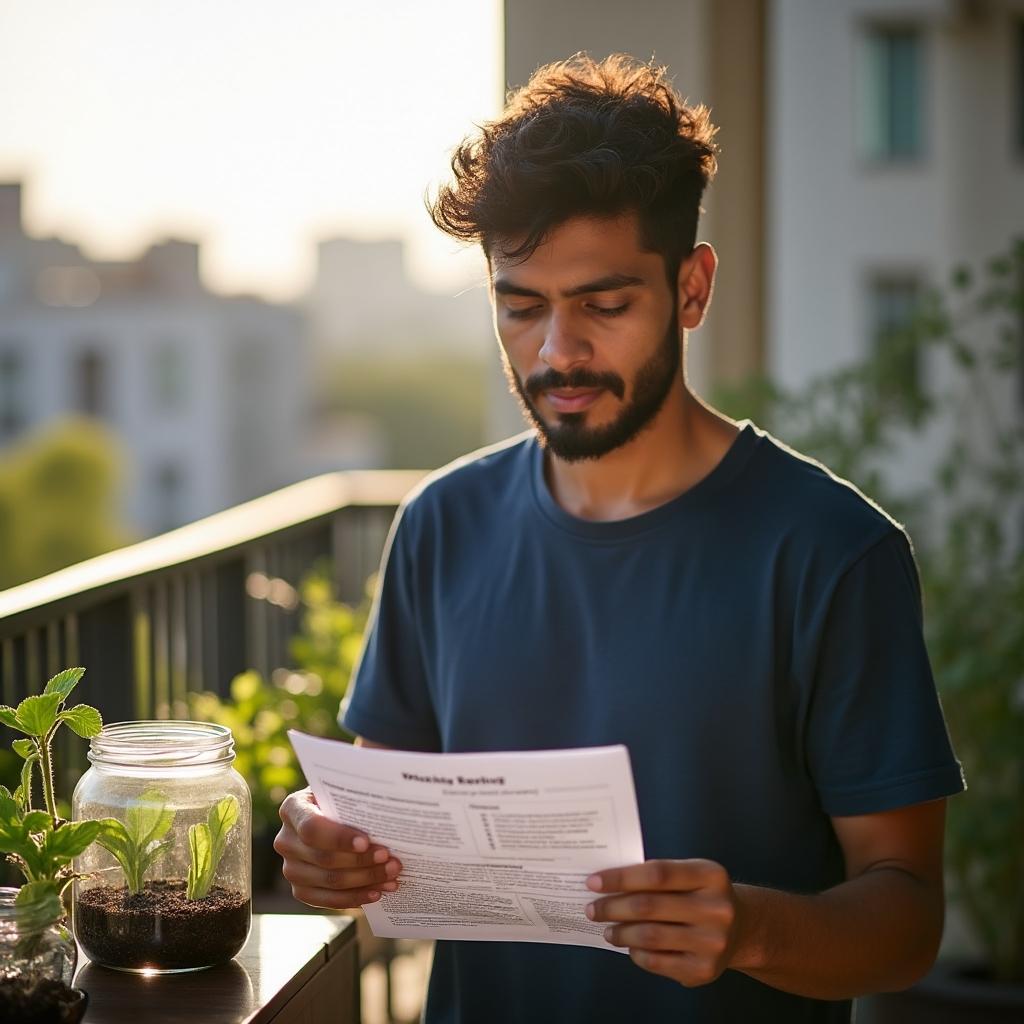 A beginner carefully setting up a small hydroponic system on an apartment balcony following written instructions