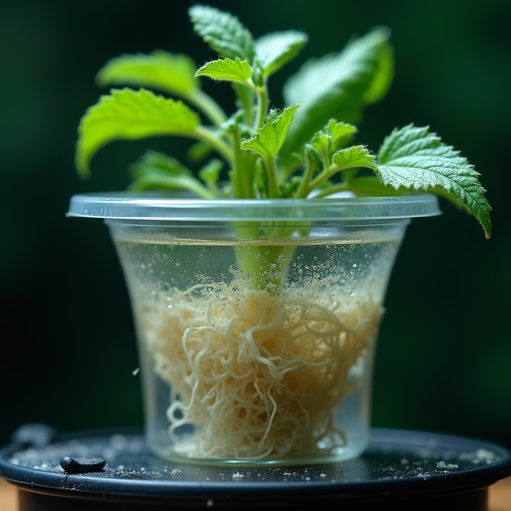 Close-up of deep water culture hydroponic system showing plant roots submerged in aerated nutrient solution