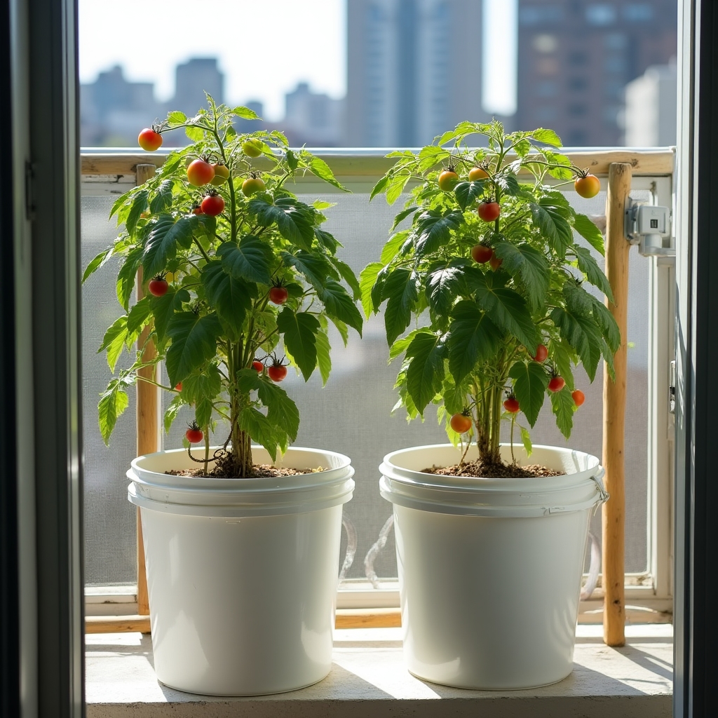Deep water culture hydroponic buckets on a sunny urban balcony growing cherry tomato plants with visible support stakes and green fruit clusters