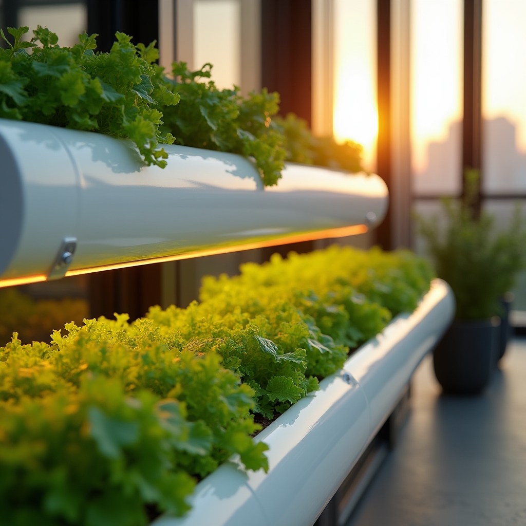 Hydroponic growing setup on a city balcony with leafy greens under grow lights