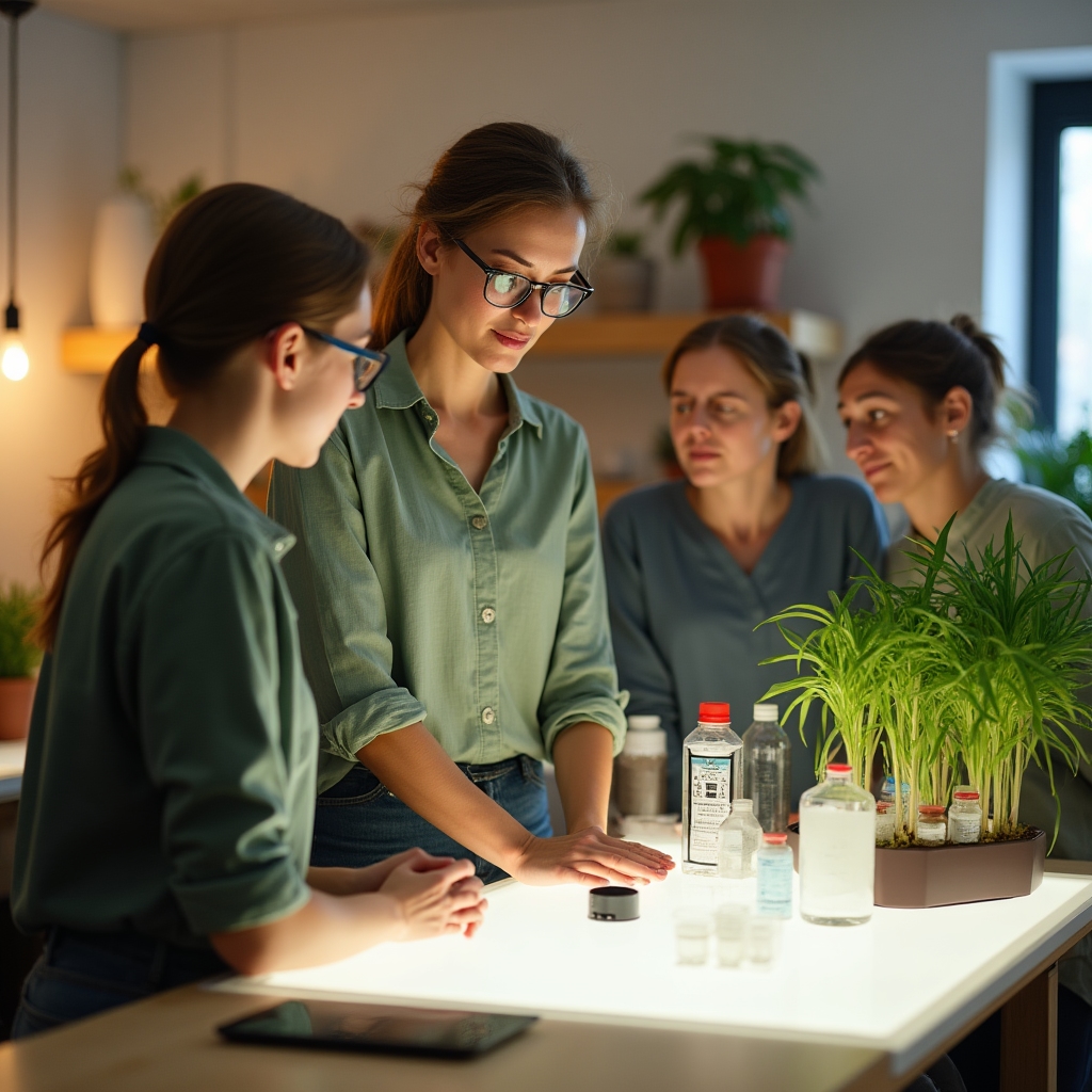 An instructor carefully explaining a hydroponic nutrient solution setup to a small group of attentive beginners in a bright workshop space