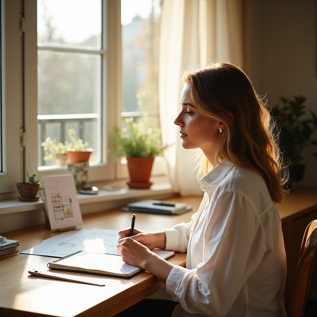 A person writing notes in a journal while looking at their sunny apartment balcony planning a small urban growing setup