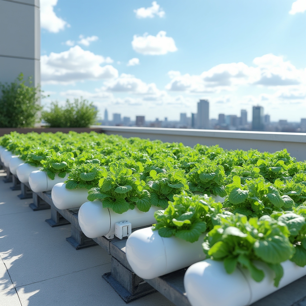 NFT hydroponic channel system on an urban rooftop with rows of lettuce and spinach growing in white PVC channels under natural sunlight