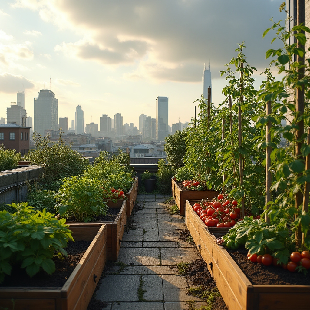 Productive rooftop vegetable garden with raised beds and container plants overlooking city skyline